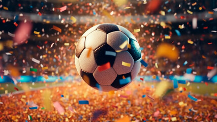 The soccer ball surrounded by a colorful cascade of confetti. Generative AI