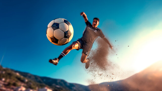Footballer unleashes a fierce shot, driving ball towards the goal. Generative AI