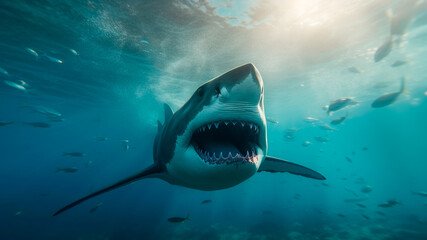 Fototapeta premium Shark attacks at ocean, white shark lunges towards its prey, Generative AI
