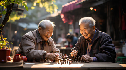 Two senior men playing chess in the street. Elderly people playing chess in the street.