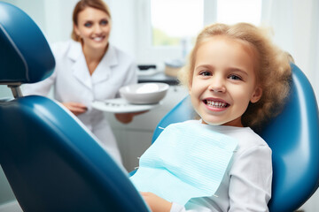Generative AI photo of happy beautiful school aged child sitting on chair in dentist's office concept of dentist for the youngest patients