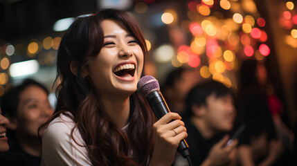 Beautiful asian woman singing in karaoke club at night