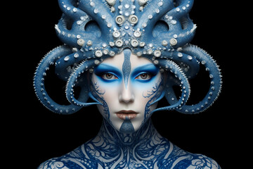 Goddess of ocean beautiful girl sea queen in octopus headdress dress over black background created Generative AI technology