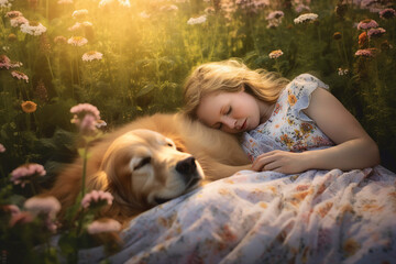 Creative template graphics image of charming lady sleeping dog relaxing flower field created with generative ai modern technology - Powered by Adobe