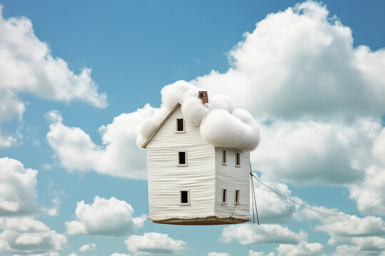 Photo template inspiration image of fluffy house flying sky clouds created with generative ai modern technology