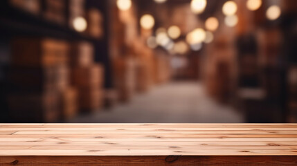 Fototapeta na wymiar Empty wooden table and blurred bokeh copyspace background. Product display montage
