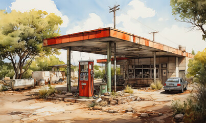 Watercolor, abandoned gas station in natural landscape.