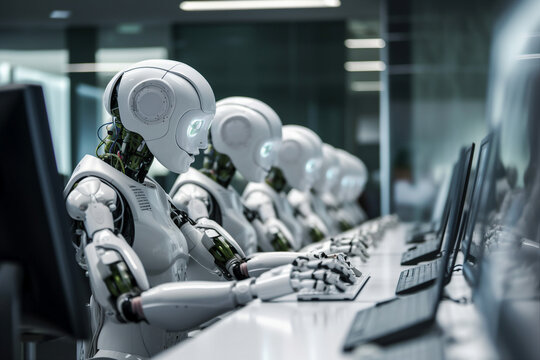 Photo picture of automated robot human assistant operator it administrator agent working office surrounded by ai generated colleagues