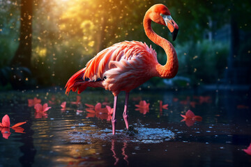 3D image wallpaper pink flamingo standing in the middle of forest palm trees flowers summer evening sunset created generative ai