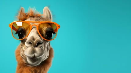 Fototapete Lama Camel in sunglass shade glasses isolated on solid