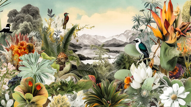 Paysage tropical, collage avec &eacute;l&eacute;ment de faune et flore