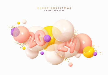 Happy New Year 2024. Decorative Christmas Round transparent bubbles balls with realistic plastic cartoon 3d number. Xmas Poster, banner, cover card, brochure, flyer, layout design. Vector illustration