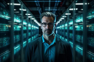 Fototapeta premium Generative ai collage image photo of professional it specialist analyzing data warehouse room