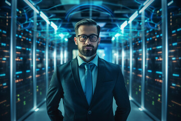 Fototapeta premium Generative ai collage image photo of professional it specialist analyzing data warehouse room