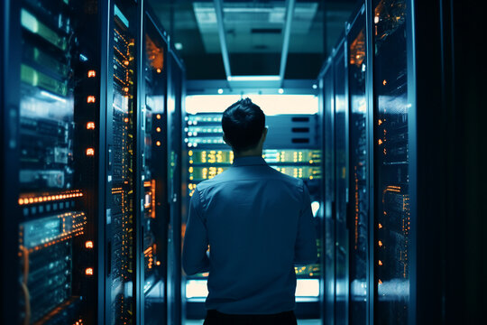 Generative ai collage image photo of professional it specialist analyzing data warehouse room