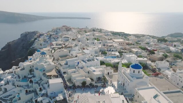 Drone's lens reveals Santorini's coastal magic.
