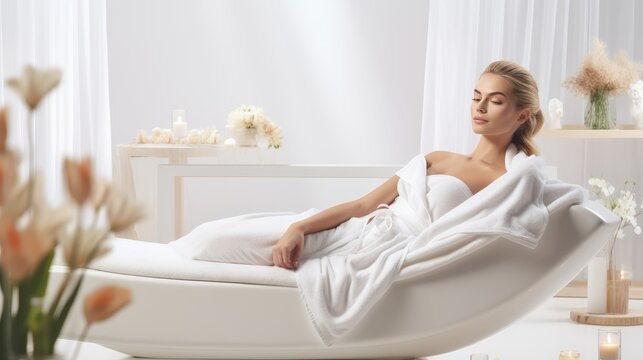 beautiful young woman reclining luxuriously on a spa bed surrounded by an array of premium beauty products in a white room.