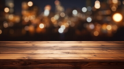 Empty wooden table and blurred bokeh copyspace background. Product display montage