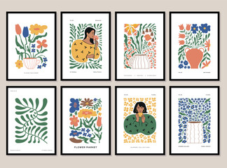 Bohemian collection of woman portrait and botanical illustrations for wall art gallery