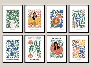 Bohemian collection of woman portrait and botanical illustrations for wall art gallery