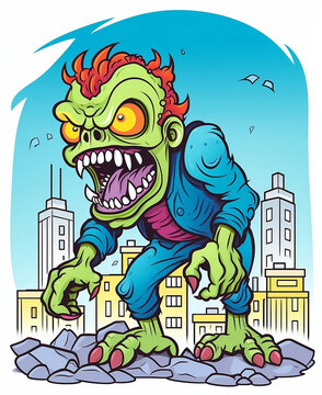 Green color zombie with red clothes, aggressive, attack the city