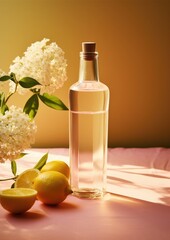 Electrolyte drink Refreshing lemonade with elderberry flowers in a glass bottle, minimalist still life