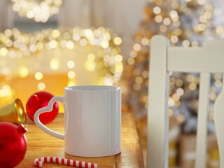 White heart shaped handle coffee cup with copy space for the logo, text or design with bright lights unfocused in a Christmas scene. Mock up for drink concept. 3D Rendering.