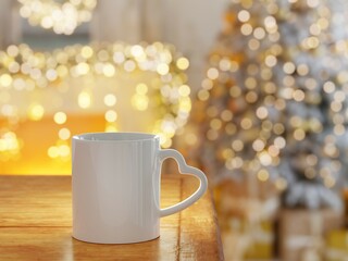 White Heart-Shaped-Handle Mug on Wooden Table with Bright Christmas Lights Unfocusedand as 3D Rendering. Mock up for Drink Concept.