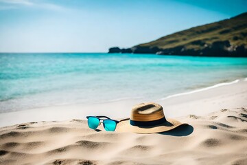Close-up view of cap and glasses, Sand beach with a blue sky and a turquoise sea in the distance, HD background