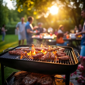 Concept of meeting, friendship, set of people who are gathered to celebrate something with a grill of meats, image created with AI