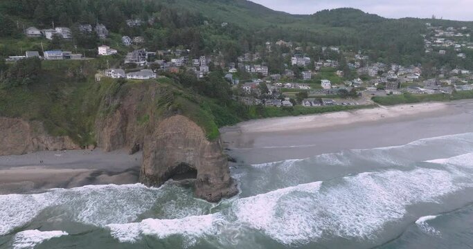 Drone's eye captures Oregon's foggy coastal drama.