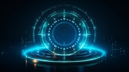 Abstract futuristic object . HUD elemet . 3D hologram display consist of glowing particles and blurred circles . Nanotechnology machine . Vector science and technology illustration