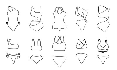 A set of various women' bikinis in outline style with black contour on white background for icons, weba, apps, banners