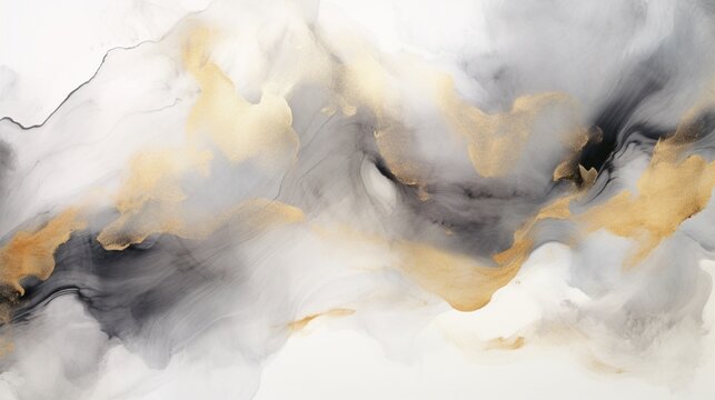 Abstract grey art with gold a?" black and white background with beautiful smudges and stains made with alcohol ink and golden paint. Grey fluid texture resembles marble, smoke, watercolor or aquarelle