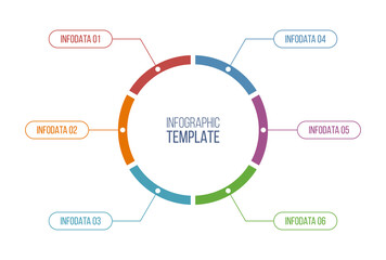 Infographic vector color template. Circular round chart with 6 options, steps or parts. Process chart for business presentation, report, data visualization. Vector color illustration.
