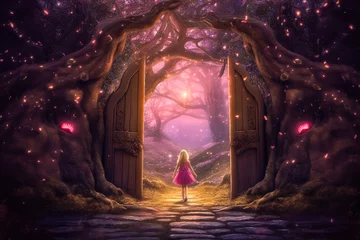 Foto op Plexiglas Petite fille aux portes d'un monde enchanté dans la forêt la nuit  © Concept Photo Studio