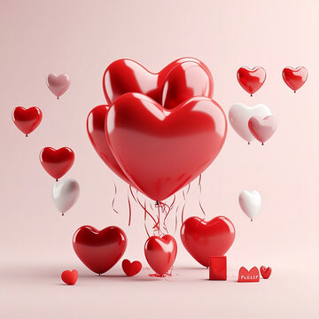 Valentine's Day, heart-shaped balloons 3D render, image created with AI