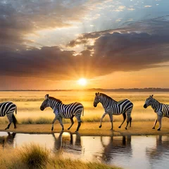 Foto op Canvas zebras in the savannah Created using generative AI tolls © zahra