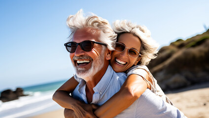 Happy senior couple on a tropical beach in the summer, woman is piggybacking on her husband. Concept of retirement and traveling when you are mature. Shallow field of view with copy space. 