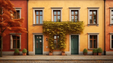 Naklejka premium a vibrant hotel with balconies against the backdrop of traditional private townhouses decked out in rich autumn hues.