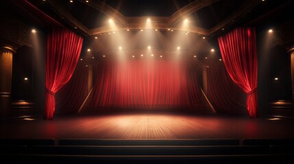 empty stage with red curtains and spotlights - obrazy, fototapety, plakaty