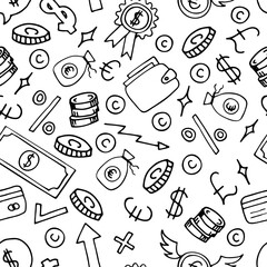 Hand drawn seamless pattern with business and finance elements. Investment. Doodle, sketch style. Money background