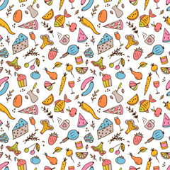 Hand drawn seamless pattern with different type of food and drinks. Doodle style. Healthy food