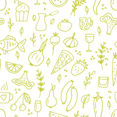 Hand drawn seamless pattern with different type of food and drinks. Doodle style. Healthy food
