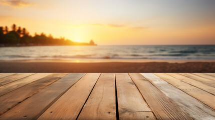 Fototapeta na wymiar Empty wooden table on beach copyspace background. Product display montage