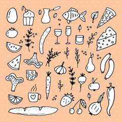 Hand drawn set of different food and drinks. Doodle style. Healthy food ingredients