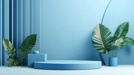 Schilderijen op glas 3d blue tropical leaf podium product display background landscape © Fadil