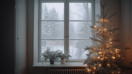 Christmas window decorated with garlands and lanterns. Winter view outside with snow-covered fir trees.