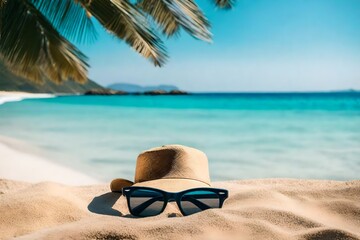 Close-up view of cap and glasses, Sand beach with a blue sky and a turquoise sea in the distance, HD background
