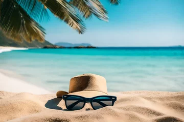 Photo sur Plexiglas Clearwater Beach, Floride Close-up view of cap and glasses, Sand beach with a blue sky and a turquoise sea in the distance, HD background